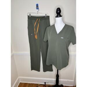 Figs Olive Green Scrub Set with Orange Drawstring